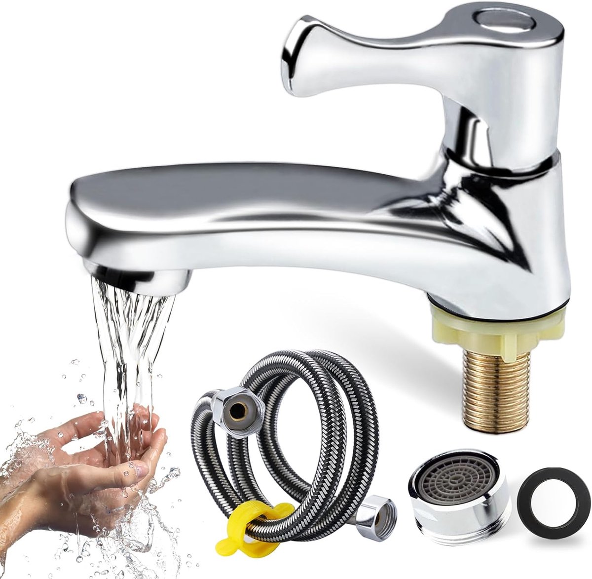 Koudwaterkraan, kleine waterkraan, koud water, koudwaterkraan, gastentoilet, eengreepskraan badkamer met 60 cm aansluitslang, koudwaterarmaturen voor keuken, bar, badkamer, gastentoilet