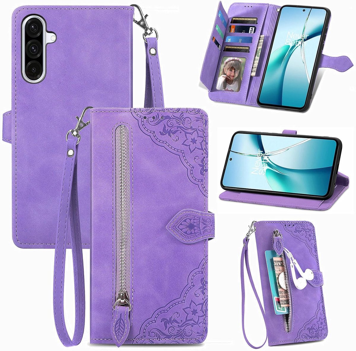Beschermhoes voor Samsung Galaxy A37 / A56 5G, klaphoes van PU-leer, met kaart, standfunctie en magneetsluiting, bloemen, tekening, portefeuille, schokbestendig, paars