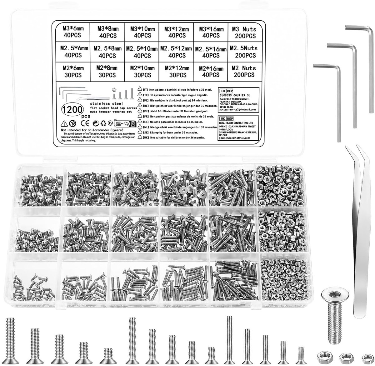 Wugongshan Zeskantschroeven met moeren, 1200 stuks, verzonken kopschroeven met binnenzeskantmoeren, roestvrijstalen platte kop, schroefdraadschroeven, machineschroeven voor huis, garagemeubels, M2