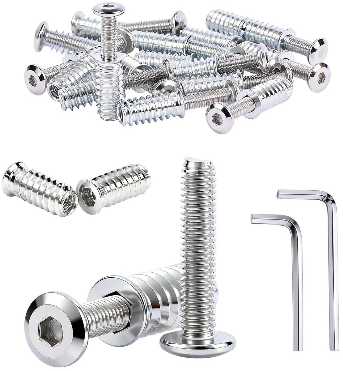 Sets inschroefmoeren M6x25 mm platte kopschroeven M6x30 mm roestvrijstalen draadhulzen voor hout schroefdraad inzetstuk rampamuffe inschroefdraad met 2 sleutels voor houten meubels bed