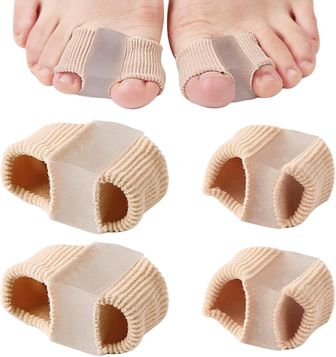 4 stuks teenspreiders, hallux valgus, teenspreider, twee maten, dubbele gesp, hoge elasticiteit, aanpasbaar, mannen en vrouwen