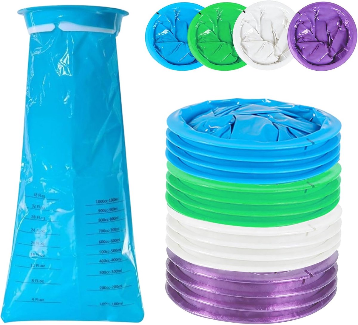 20 Stuks Spuugzakken met Ring, Braakzakjes, 1000 ml Dichte Braakzakken met Mondstuk, voor Reismisselijkheid, Auto, Vliegtuig, Ziekenhuis, voor Kinderen, Volwassenen en Zwangere Vrouwen (20)