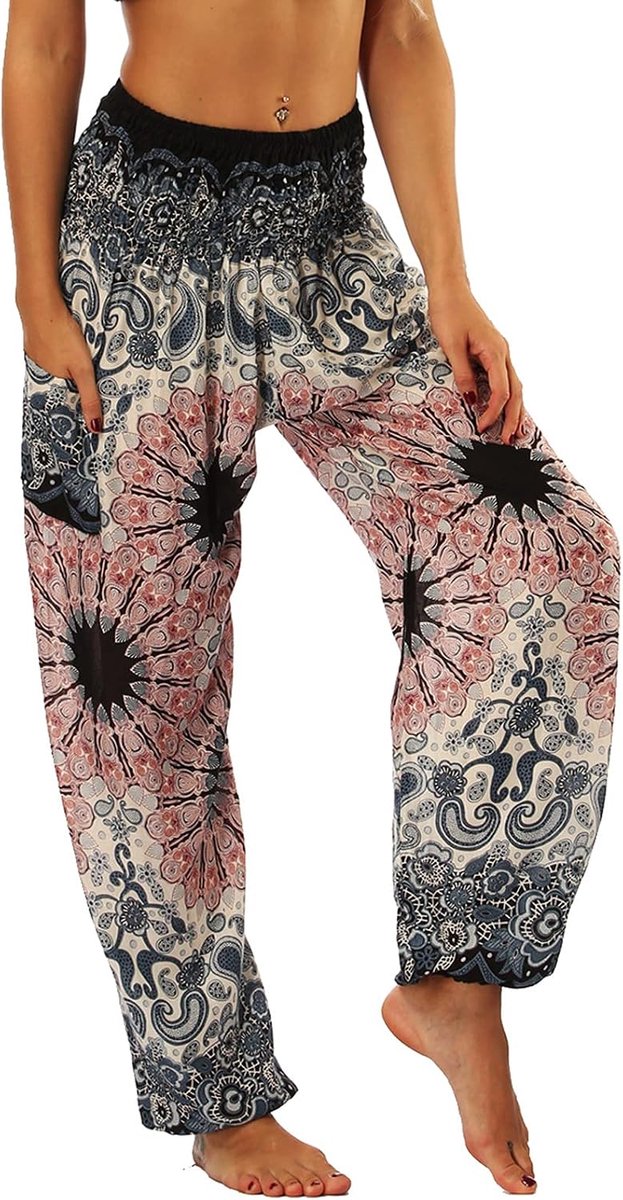 Vrouwen Hippie Baggy Thaise Yoga broek met zakken Elastische hoge taille Genie Harem Broek Aladin Summer Beach