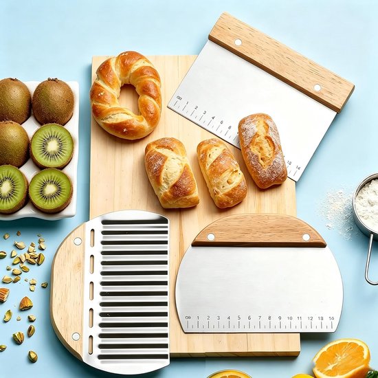 3 stuks deegschrapers van roestvrij staal, deegsnijder met maatschaal, antiaanbaklaag, roestvrij staal, snijden voor taarten, brood, cake, pizza, taart, deegbakgerei — afbeelding 5