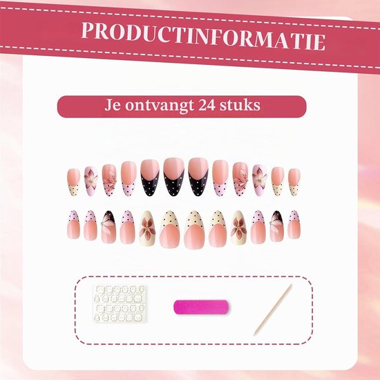 Press On Nails Medium Almond met Dot French Tip en 3D Bloem Design, Nagels om op te plakken als Fake Nails voor Dames — afbeelding 2