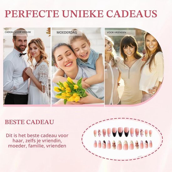 Press On Nails Medium Almond met Dot French Tip en 3D Bloem Design, Nagels om op te plakken als Fake Nails voor Dames — afbeelding 5