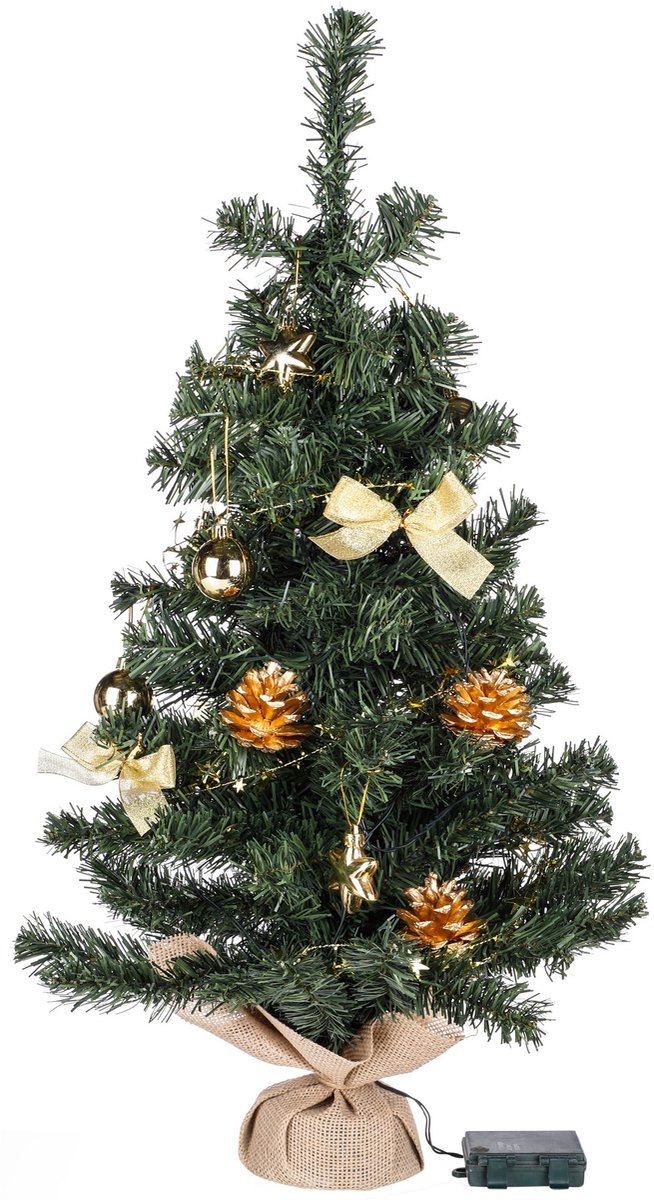 Verlichte kunst kerstboom - 75 cm - met gouden decoratie en slinger - kunstboom – foto 2