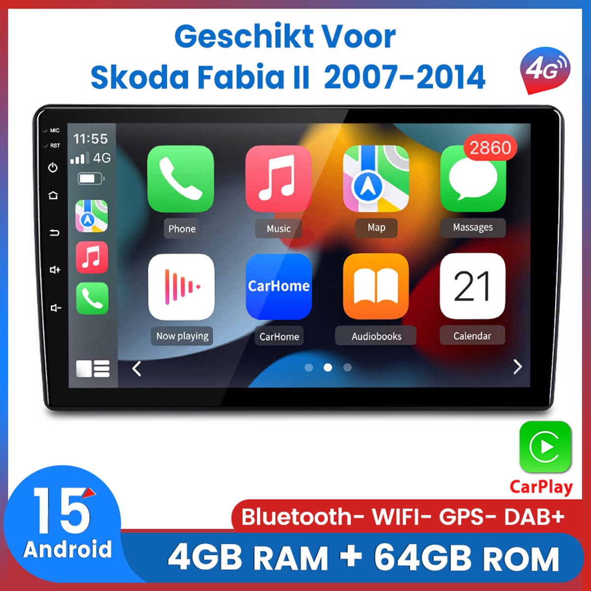 Awesafe 8-Kern V1PRO 4+64GB Autoradio - Geschikt Voor Skoda Fabia II 2007 t/m 2014 - Draadloze Carplay Android Auto - Ram 4GB + Rom 64GB - GPS Navigatie 4G WiFi Bluetooth Mirror Link FM RDS 32EQ DSP SWC - Radio Scherm