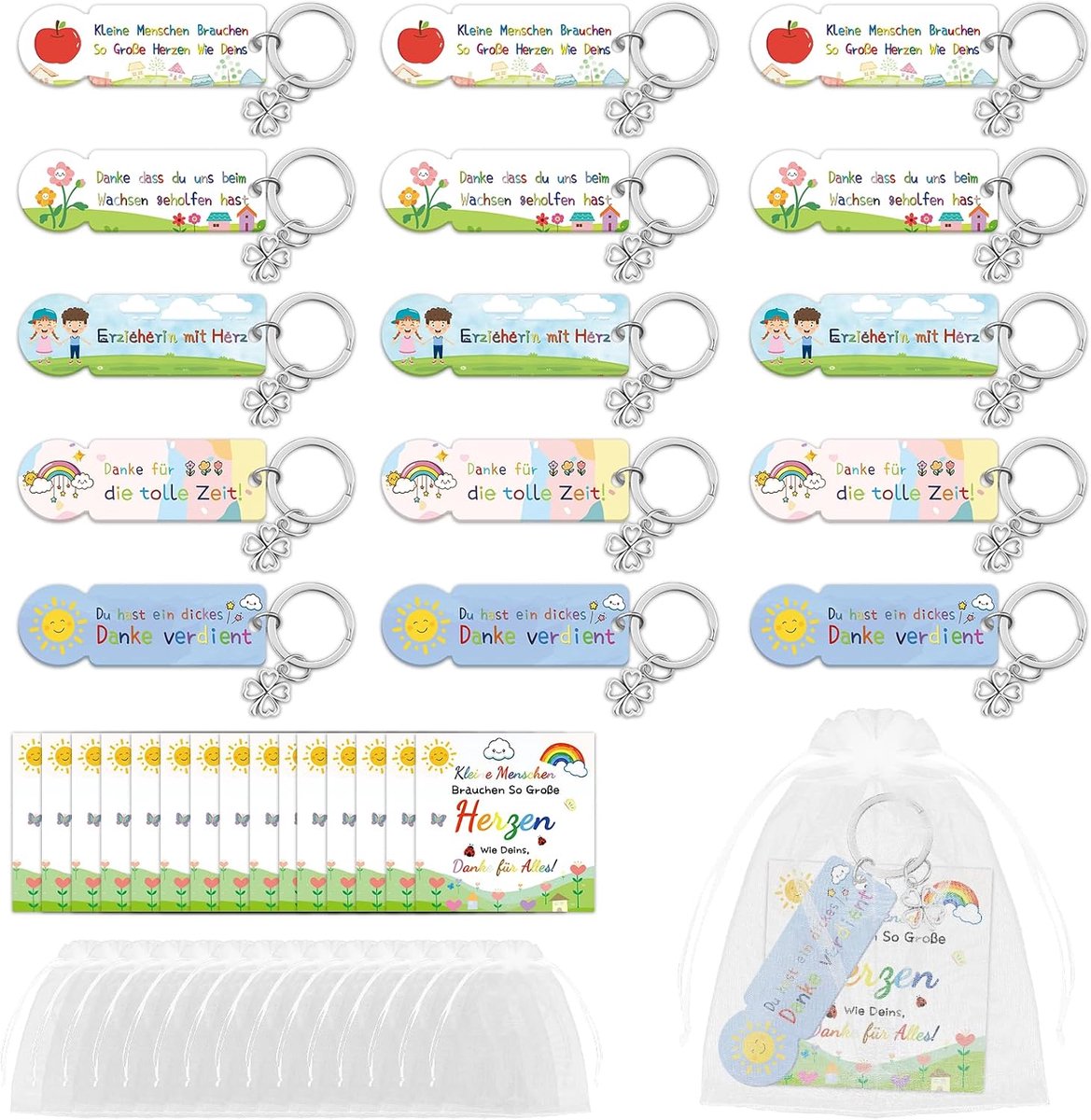 Sleutelhangerset, 20 stuks acryl winkelwagenmuntjes, sleutelhangers + organza tas + kaart, veel gelukssleutelhanger voor collega's en vrienden