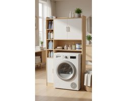 Wasmachinekast met 3 deuren en verstelbare planken - Wit/Natuur - 82 x 24 x 170 cm-wit en natuurhoutkleur.