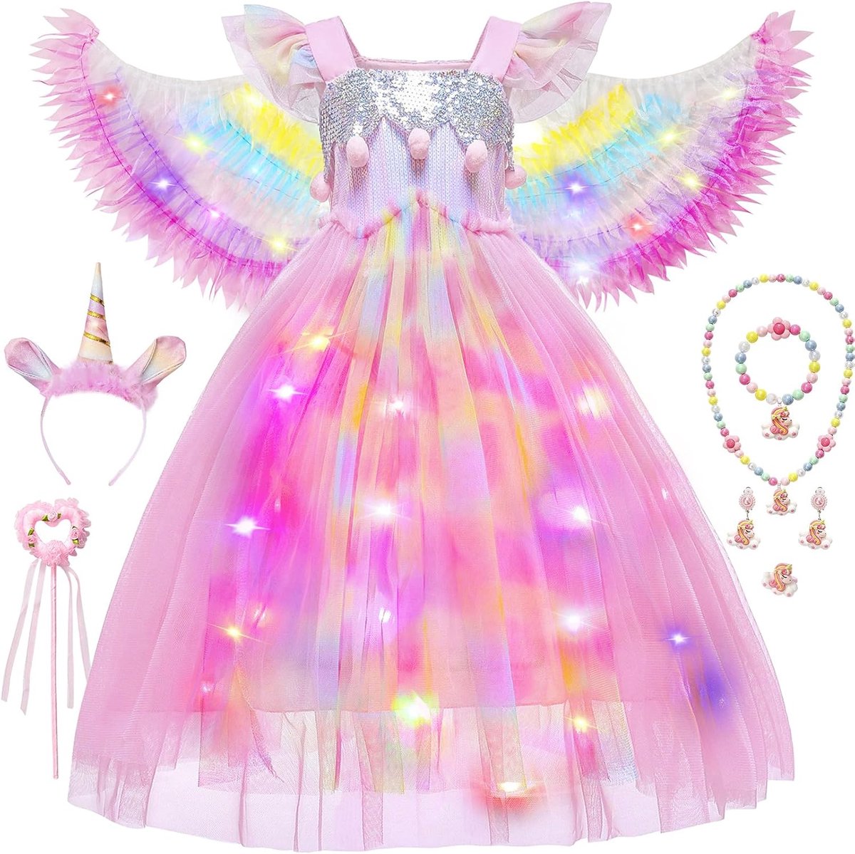 Eenhoorn-prinsessenkostuum voor kinderen, meisjes, met eenhoornkostuum, led-vleugels, haarband, sieradenset, toverstaf, eenhoorn, prinsessenjurk voor meisjes, carnaval, cosplay