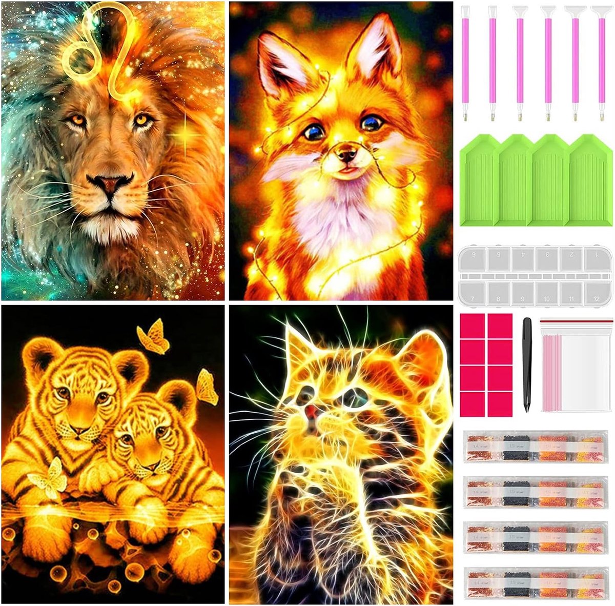5D Diamond Painting Set [4 Kits] DIY Diamant Schilderen op nummer for Kids, Full Drill 5D Diamant Schilderij voor volwassenen Rhinestone Embroidery Borduurpakket Voor Kind Rhinestones Arts Craft Canvas Wall Stickers Woonkamer decoratie