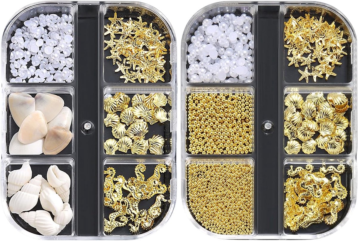 Schelp nagelkunst bedels, gouden strand oceanieën nagelsieraden, oceaanthema nagel steentjes voor vrouwen acryl nagel oceaan (goud + wit B)