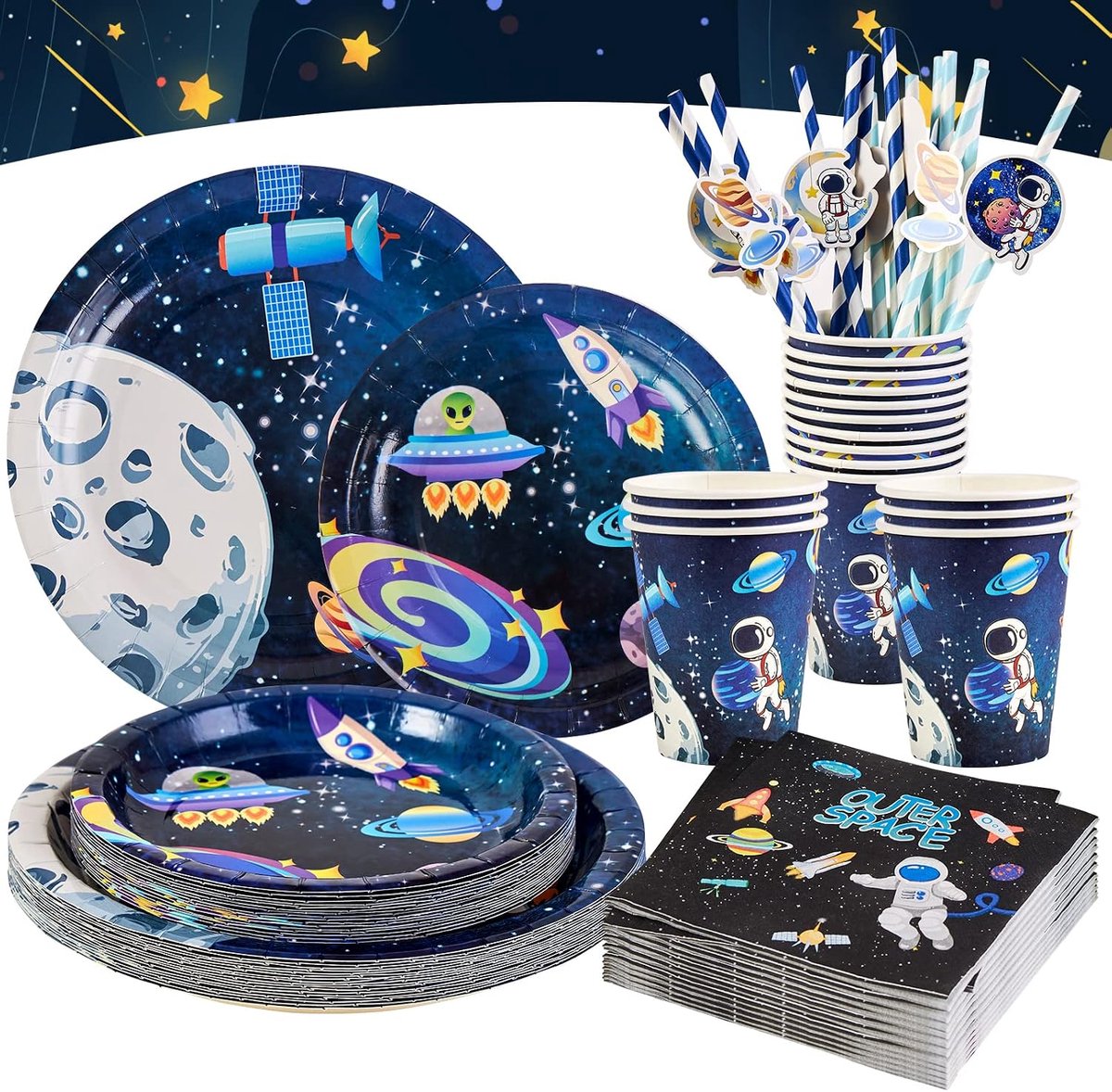 80 stuks feestservies, papieren borden voor kinderverjaardag, inclusief papieren bekers, servetten, rietjes, kamerdecoratie, verjaardagsdecoratie