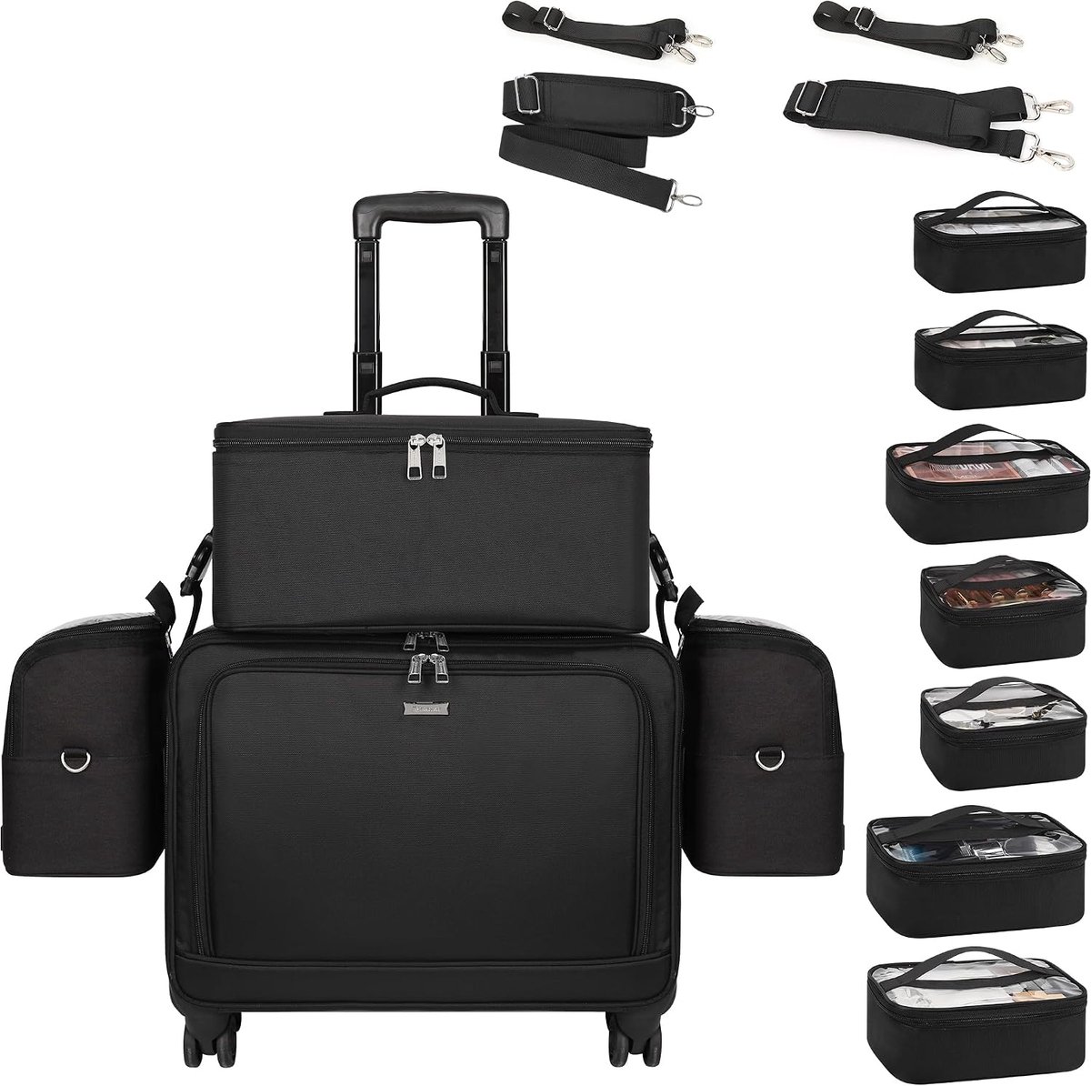 4-in-1 cosmeticakoffer, trolley, professionele cosmeticakoffer, grote make-upkoffer met wieltjes, reis-beautycase, kapperskoffer, nagelkoffer, multifunctionele koffer voor make-up, tattoo, nailart
