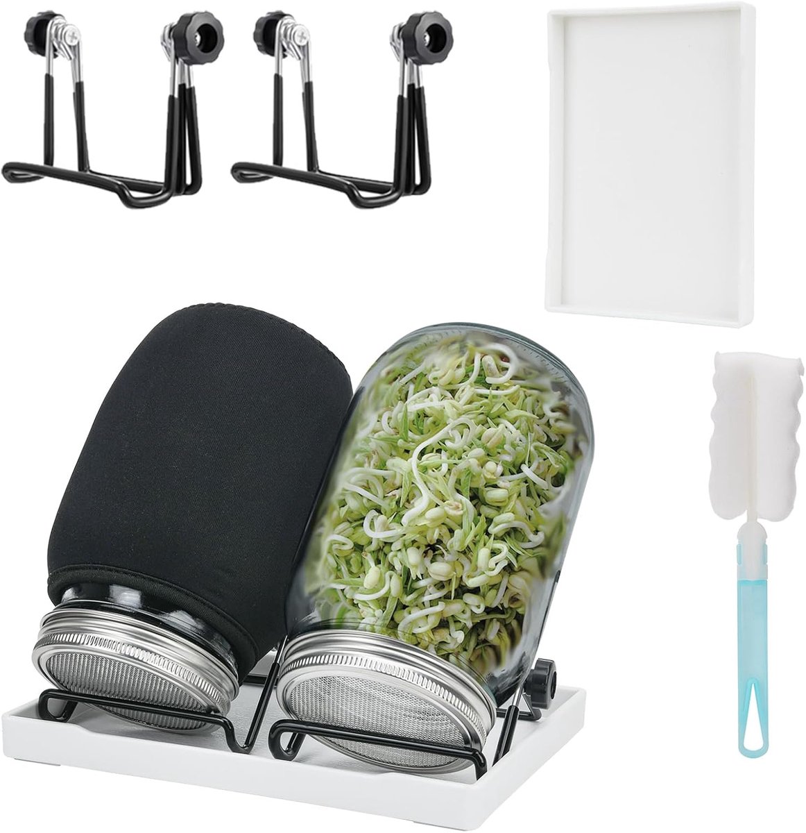 Kiempot, set van 2 kiemglazen, kiemglas met deksel, zeef en afvoerschaal, kiemapparaat voor Alfalfa Kresse Broccoli Mungobohnen