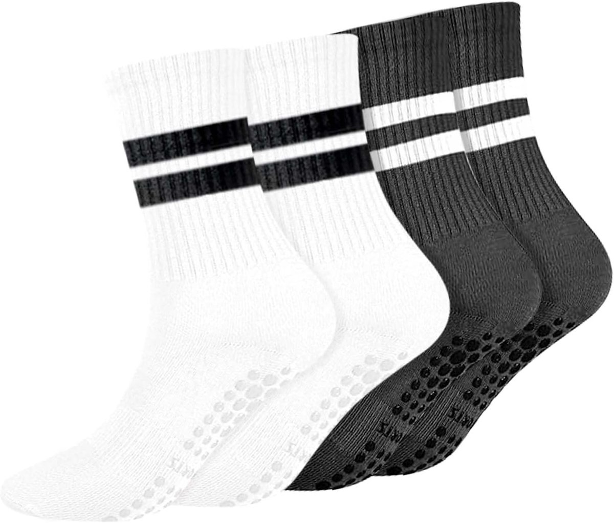 Sokken met grips, antislip pilatessokken lange gripsokken voor dames meisjes home gym sport workout fitness (wit en zwart)