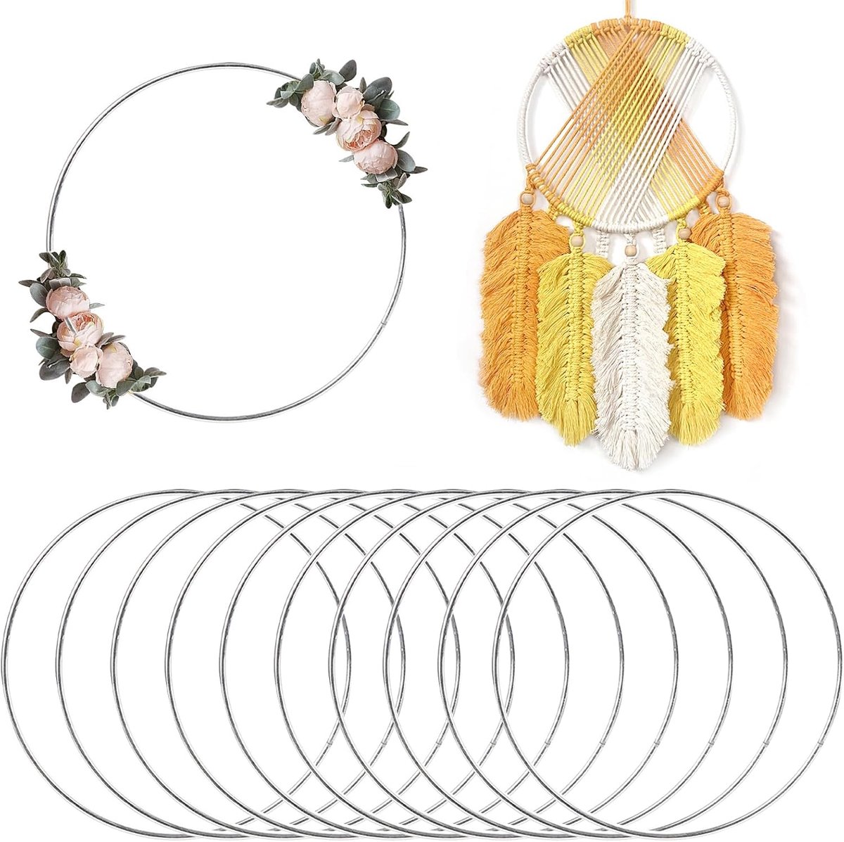 12 stuks decoratieve ringen om op te hangen, metalen ringen om te knutselen, 20 cm, decoratieve metalen zilveren draadringen, bloemenringen voor doe-het-zelf bloemenhoepel bruiloftskrans