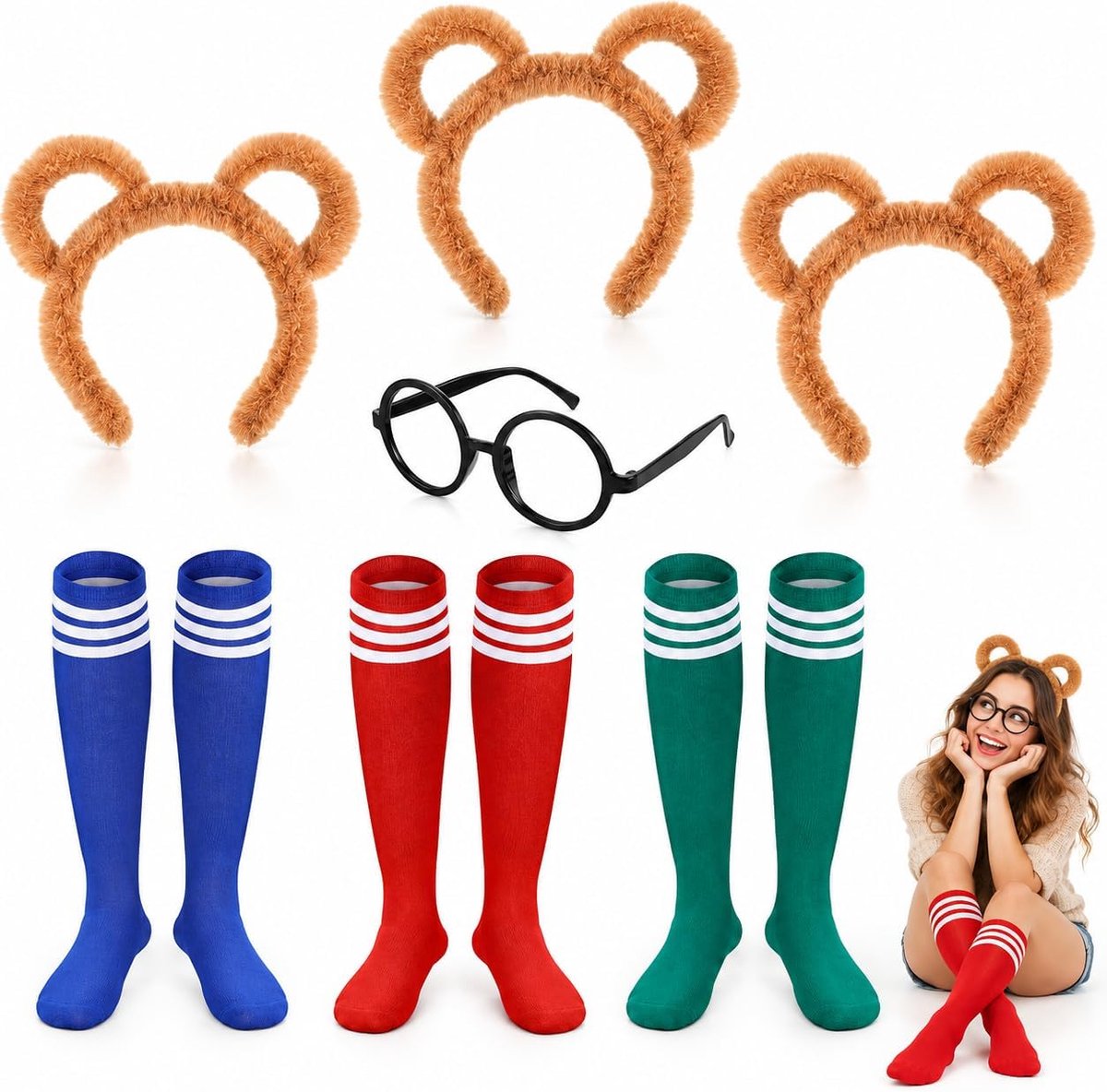 7 Stuks Eekhoorn Kostuum Set Inclusief 3 Stuks Eekhoorn Oren Hoofdband 3 Paar Knie Hoge Sokken En 1 Stuk Zwarte Ronde Bril Dieren Kostuum Accessoires Voor Volwassenen Tieners