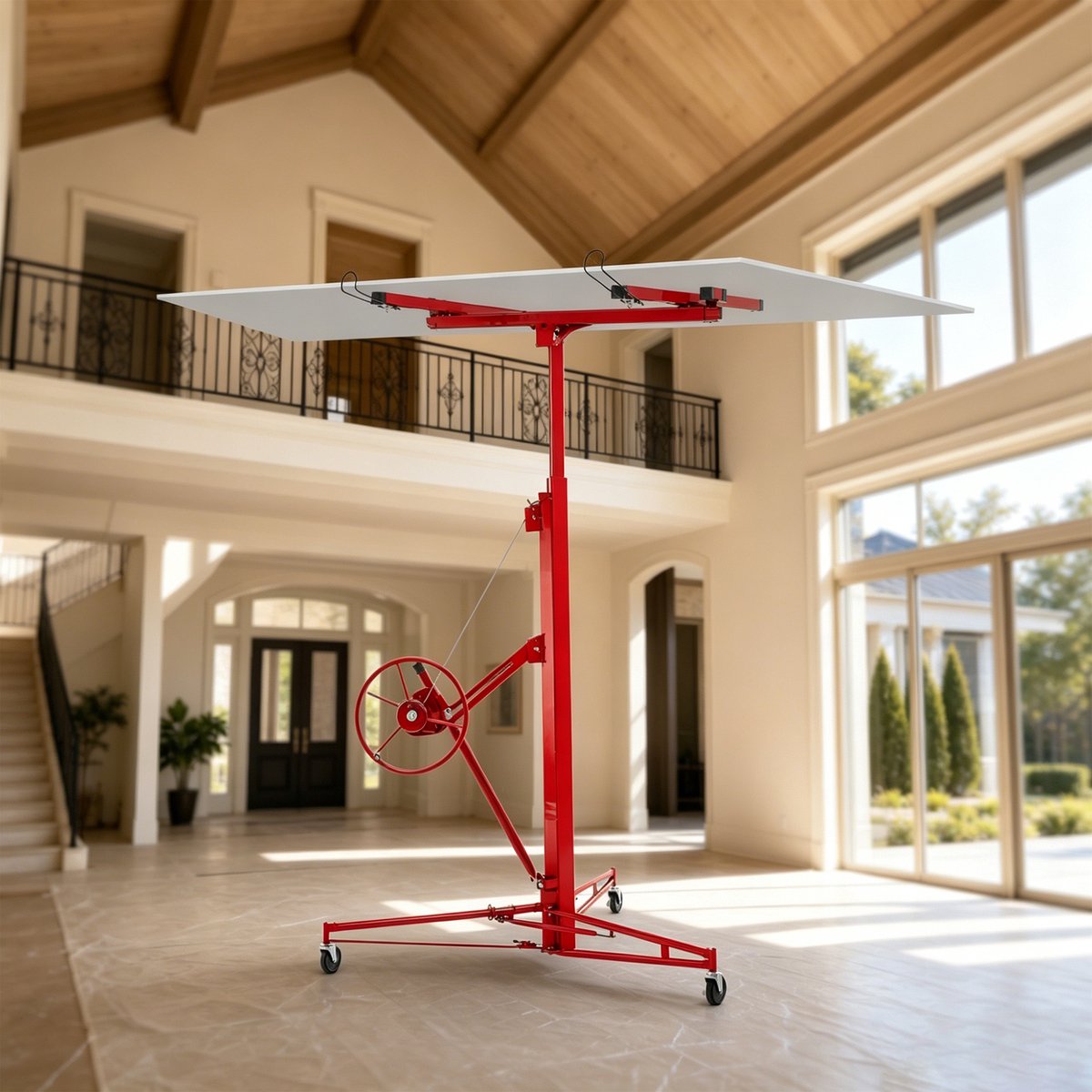 REDOM - Takel met handlier - Verstelbare hoogte 180-470 cm - 60° kantelhoek - Driepootbasis - Staal - Rood - 124 x 137 x 180 cm