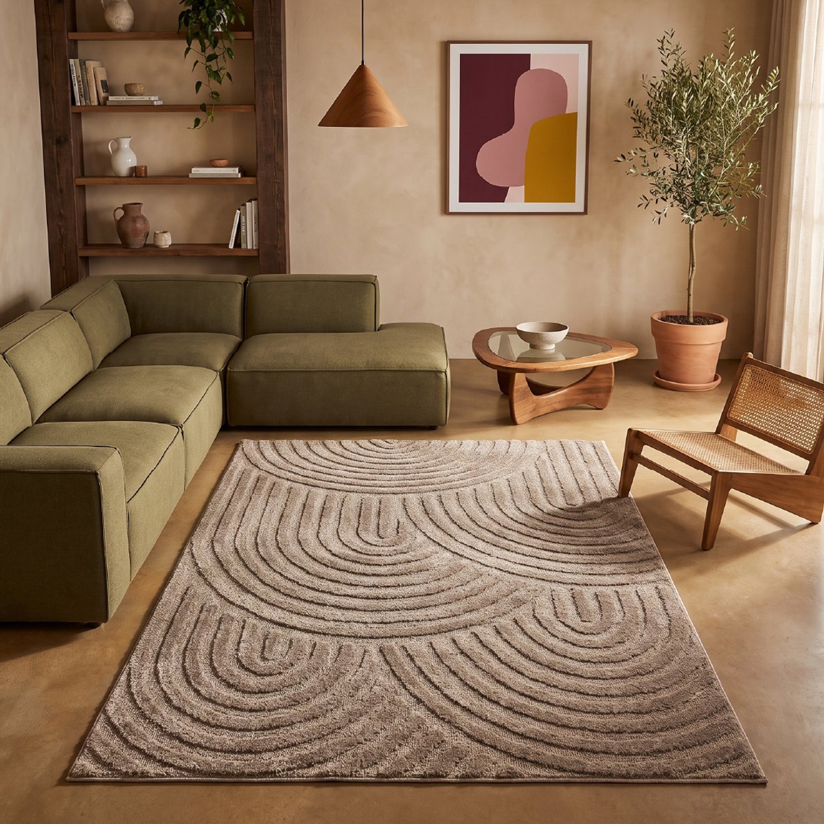 Tapiso Vloerkleed Linea 3D Golvend Patroon - Taupe Bruin - Modern Design - Woonkamer 80x150 Taupe Golvend