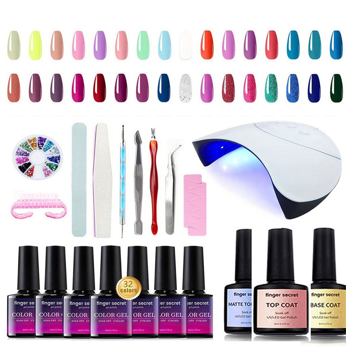 NAXSIR Gelnagellak complete set 32 kleuren, base & glossy topcoat, UV-LED-lamp en manicure-accessoires thuis