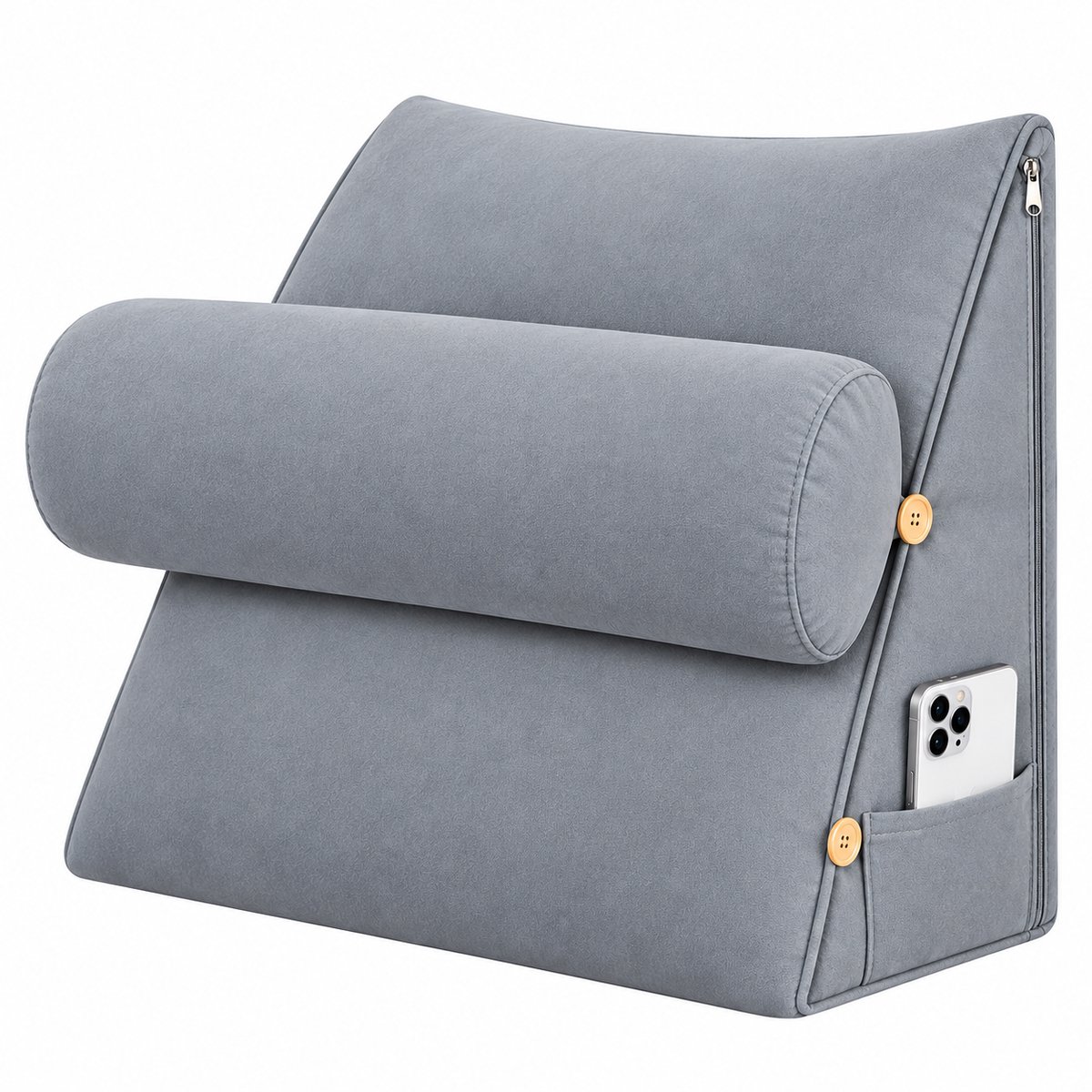 Heidat Wigvormig Leeskussen - Grijs - 60 x 50 x 22 cm – Rugsteunkussen met Afneembare Nekrol – Zacht Fluweel – Wasbare Hoes