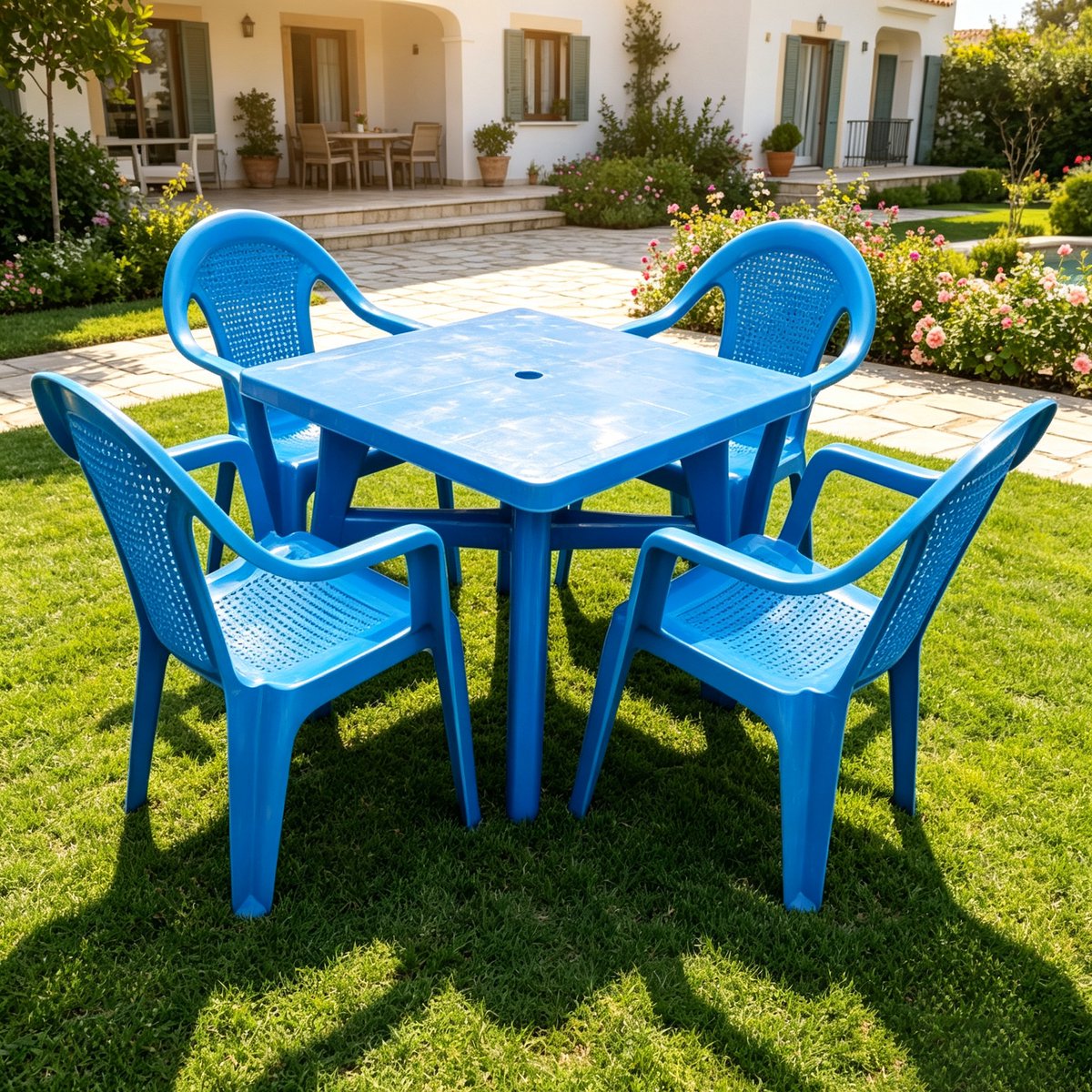 Tuinset inclusief 4 stoelen – een complete eettafel- en stoelenset voor buiten met een maximaal draagvermogen van 150 kg ideaal voor feesten en bijeenkomsten 80*80*72 cm blauw