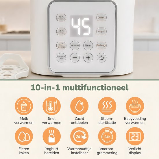 Digitale flessenwarmer voor 2 flessen - 10-in-1 babyflesverwarmer met 100 °C stoomsterilisatie, 24-uurs warmhouden, timer en ontdooien - 220 W - BPA-vrij PP - Wit - Voorkomt droogkoken - Melkbereiding, ontdooien, eieren koken - Voor 2 flessen — afbeelding 2