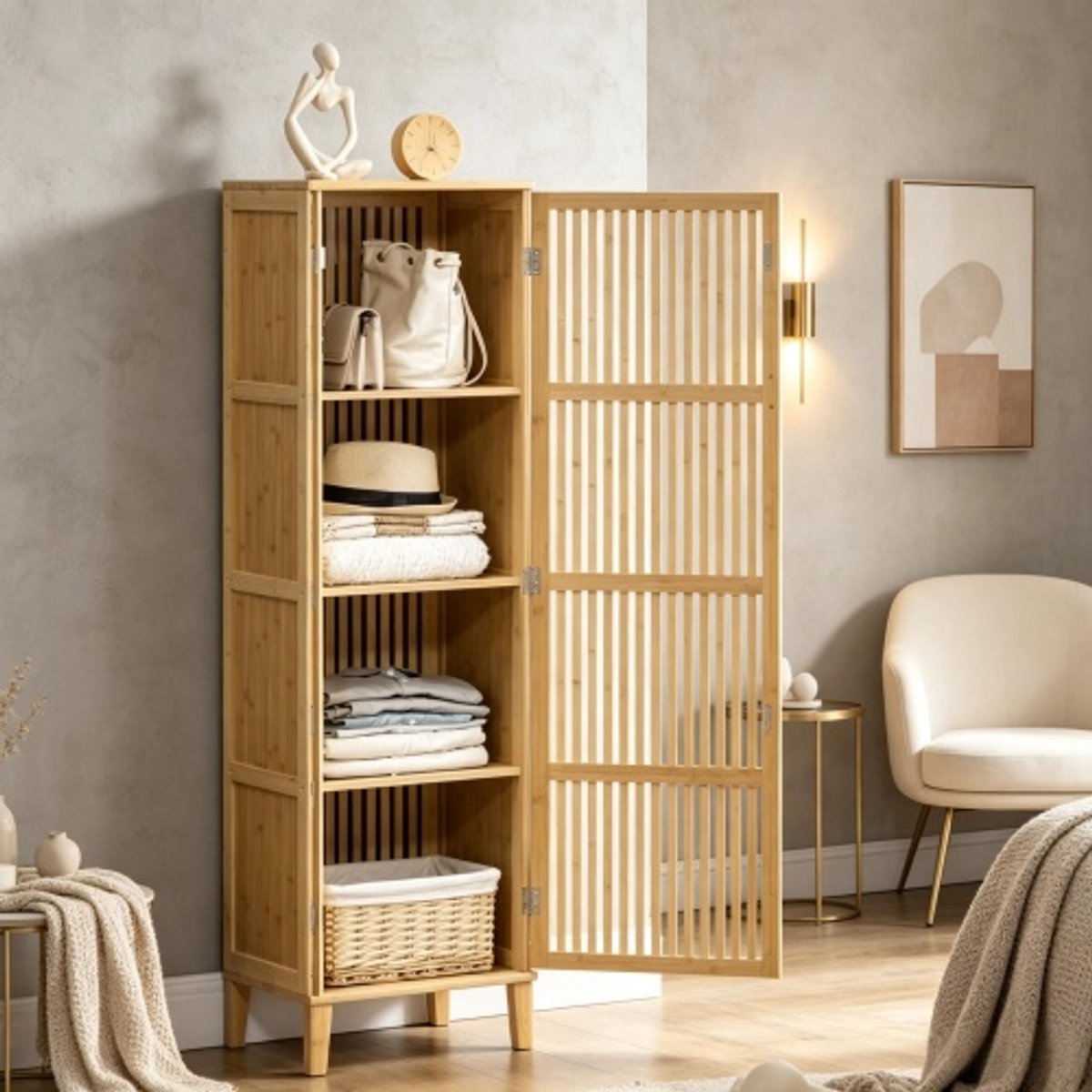 Bamboe Opbergkast-Smalle Hoge Kast-Opbergkast Met Deur-Ventilatielamellen-40 x 30 x 140 cm-Slaapkamer Badkamer-Naturel