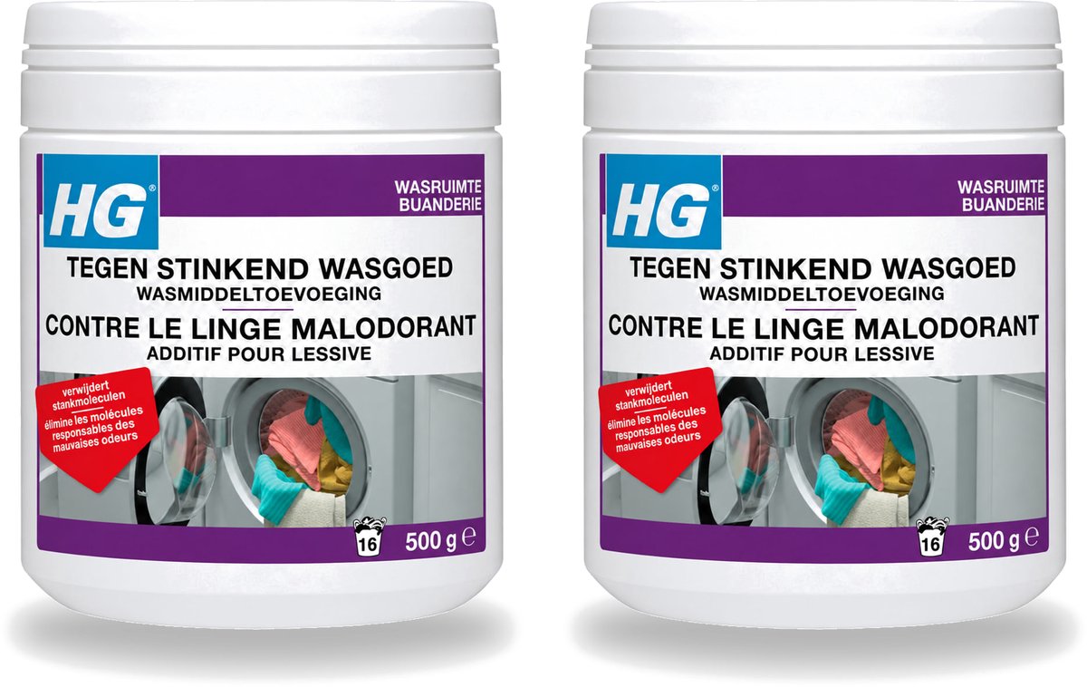 2 x HG - Wasruimte - Tegen Stinkend Wasgoed - Wasmiddeltoevoeging - 500 g - Voordeelverpakking - 2 stuks