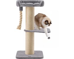 Jake and Jacky Arbre à chat pour grands chats avec panier - Avec corde de jeu - Avec marche - Gris/Crème - 57x 57x121 cm - Ø Poteau à griffer 20 cm