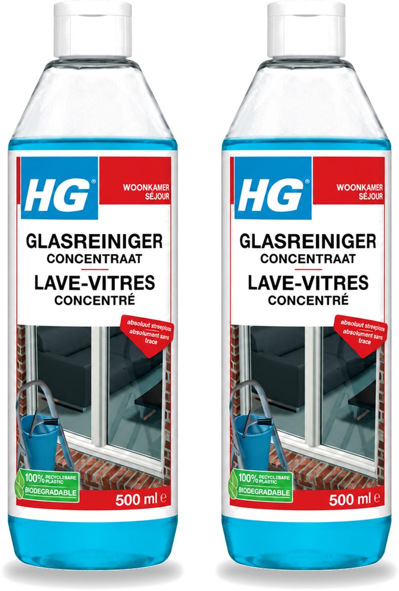 2 x HG - Glasreiniger Concentraat - Streeploos Schoon - 12 Schoonmaakbeurten - 500 ml - Bulkverpakking - 2 stuks