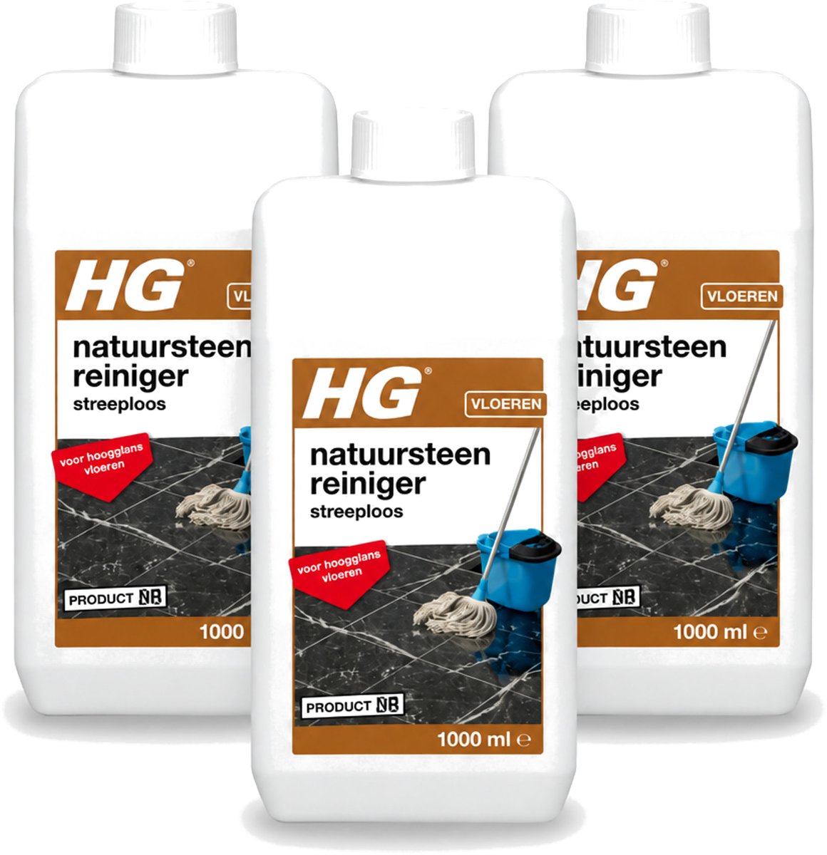 3 x HG - Natuursteenreiniger Streeploos - Voor Hoogglans Vloeren - 20 Dweilbeurten - 1L - Voordeelverpakking - 3 stuks