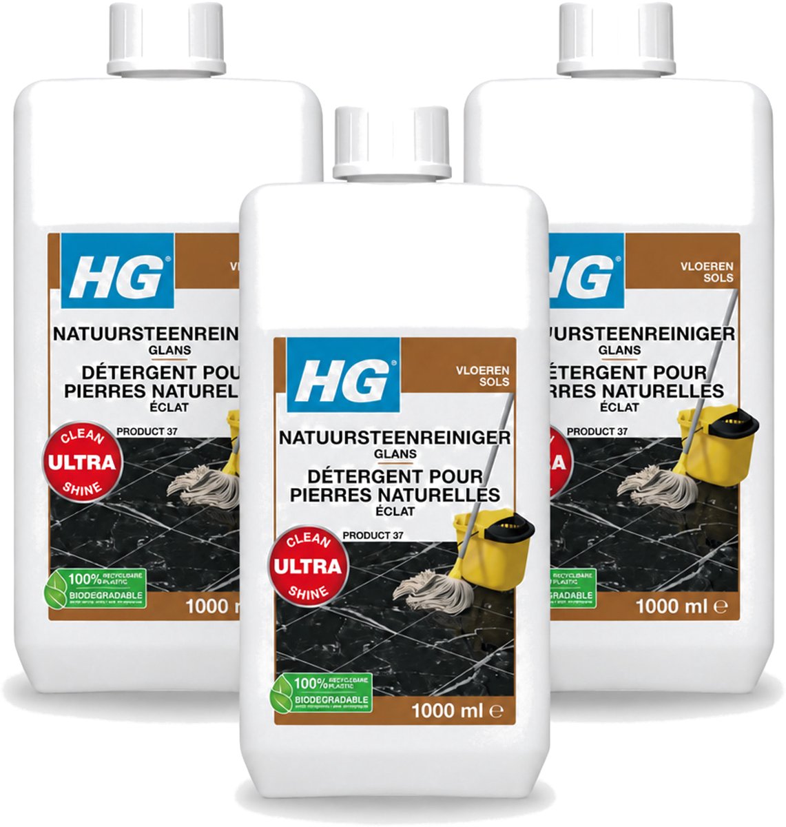 3 x HG - Natuursteenreiniger Glans - Ultra Glans - 20 Dweilbeurten - 1L - Voordeelverpakking - 3 stuks