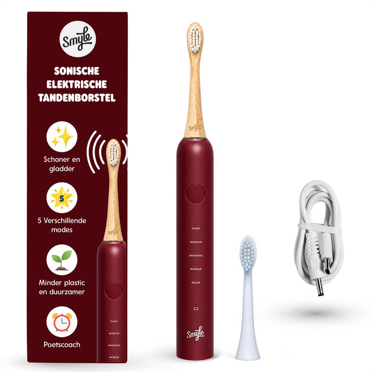 Smyle Tandenborstel – Sonische tandenborstel met druksensor – Elektrische tandenborstel met 4 maanden batterijduur, 40.000 trillingen/min, 5 standen, timer, USB-C, 2 opzetborstels, waterdicht – Burgundy Red