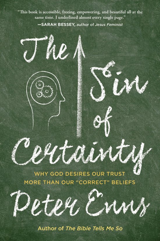 Boekomslag van 'The Sin of Certainty' met de tekst 'The Sin of Certainty' geschreven in krijtachtig lettertype, met een tekening van een hoofd met tandwielen.
