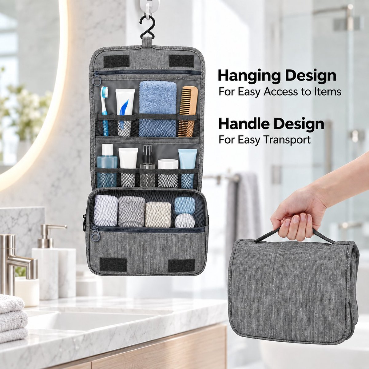 R&H® Opvouwbare Toilettas Om Op Te Hangen – Hangbare Cosmetica Organizer met Haak, Meerdere Vakken en Waterafstotend PVC – Grijs, Large
