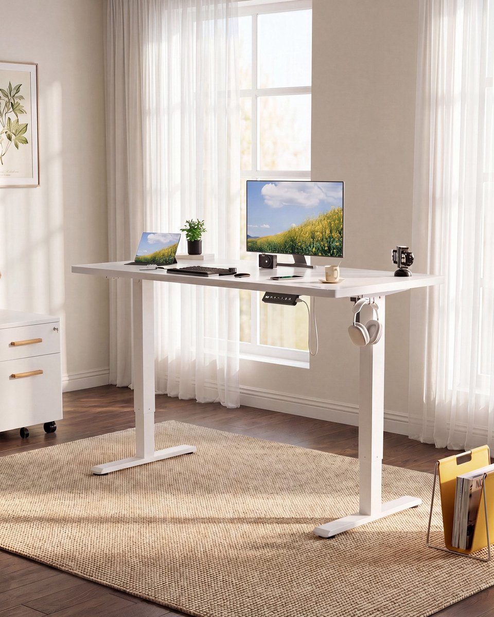 Devoko Elektrisch Verstelbaar Zit-Sta Bureau 100x60 cm Breed – Hoogte 73–118 cm – 2 Geheugenstanden, Zit-Herinnering, LED-Display en USB – Draagvermogen 70 kg – Wit thumbnail 3