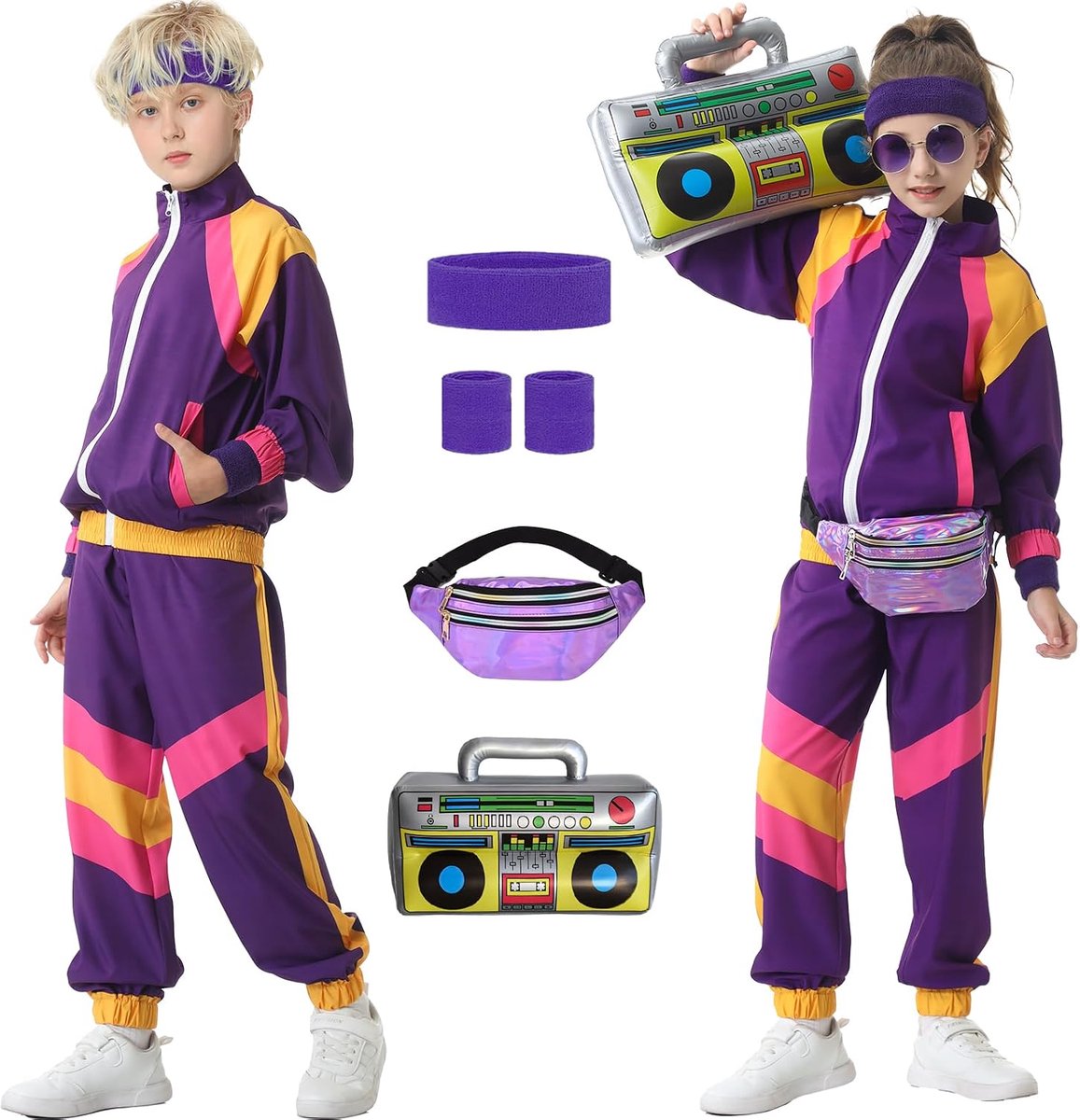 80-kostuum voor kinderen, jaren 90-outfit, trainingspak voor jongens en meisjes, Halloween, carnaval, 4-12 jaar