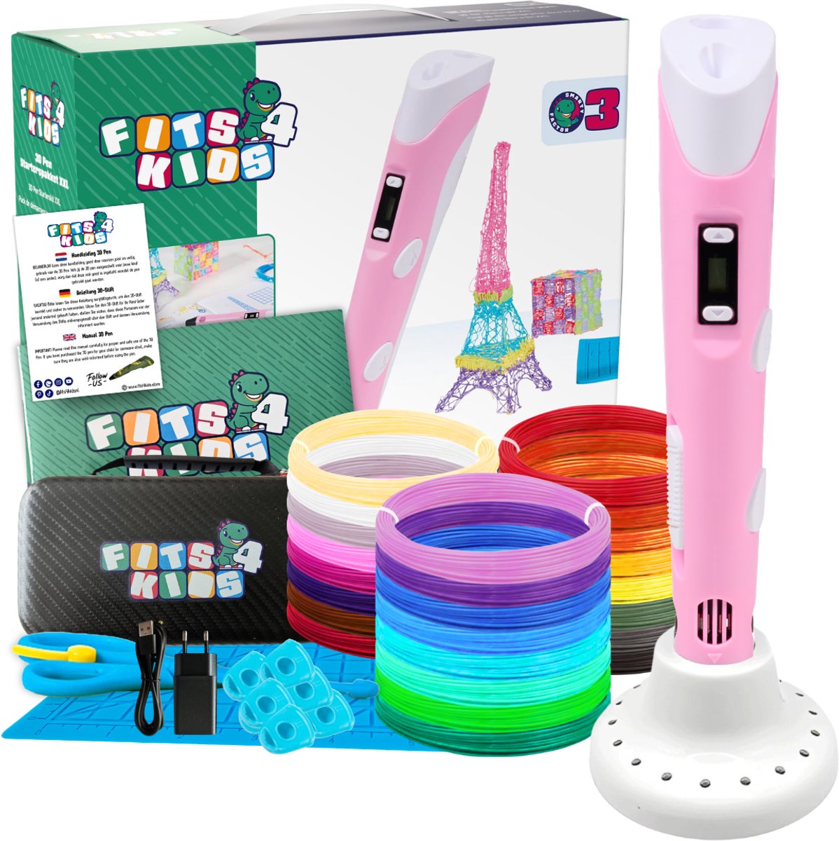 Fits4Kids® 3D Pen Starterspakket XXL - 140m Filament - Incl. E-Book - Opbergcase - Tekenmat - Tekenboek - Knutselen Meisjes & Jongens - Roze