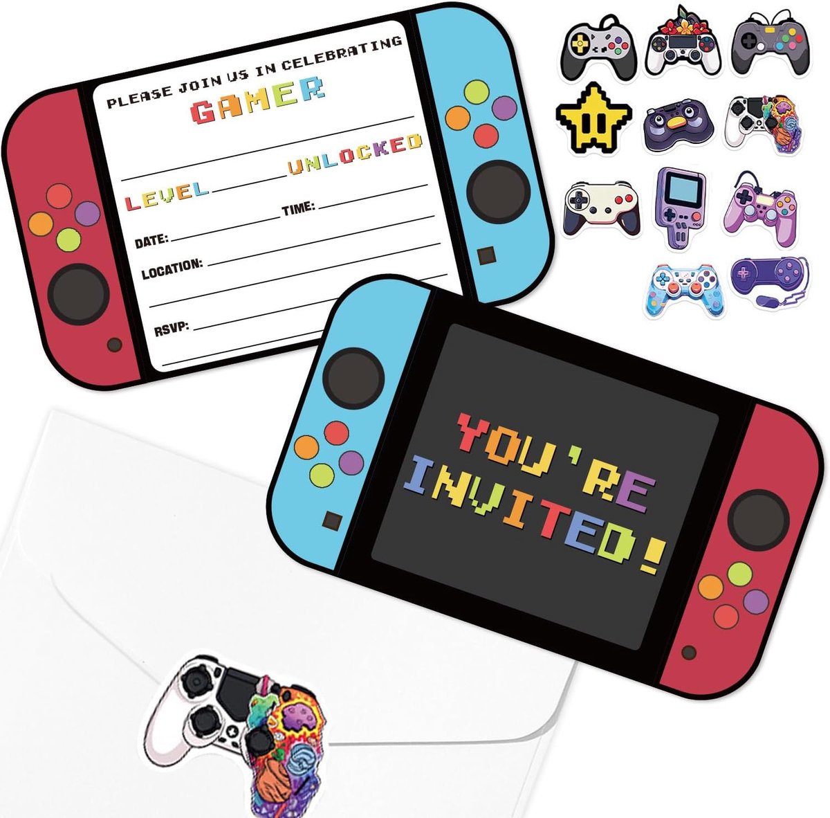 20 stuks uitnodigingssets voor videogames met enveloppen voor gamers, feestartikelen, spel op verjaardagsuitnodigingen voor jongens, verjaardagsfeest, gamingfeestdecoraties, 16,7 x 10,7 cm
