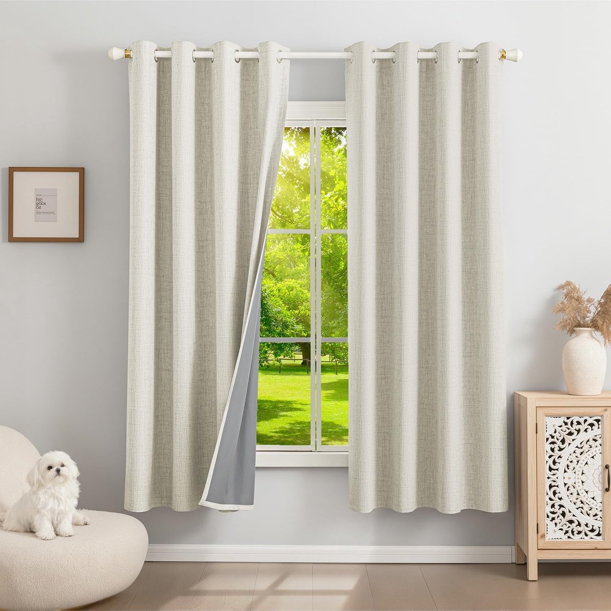 Linnen, 100% verduisteringsgordijnen, set van 2, thermogordijn, hittebescherming, 175 x 140 cm (h x b), linnenlook, ondoorzichtig, lichtbeige, geluidsisolatie voor slaapkamer en