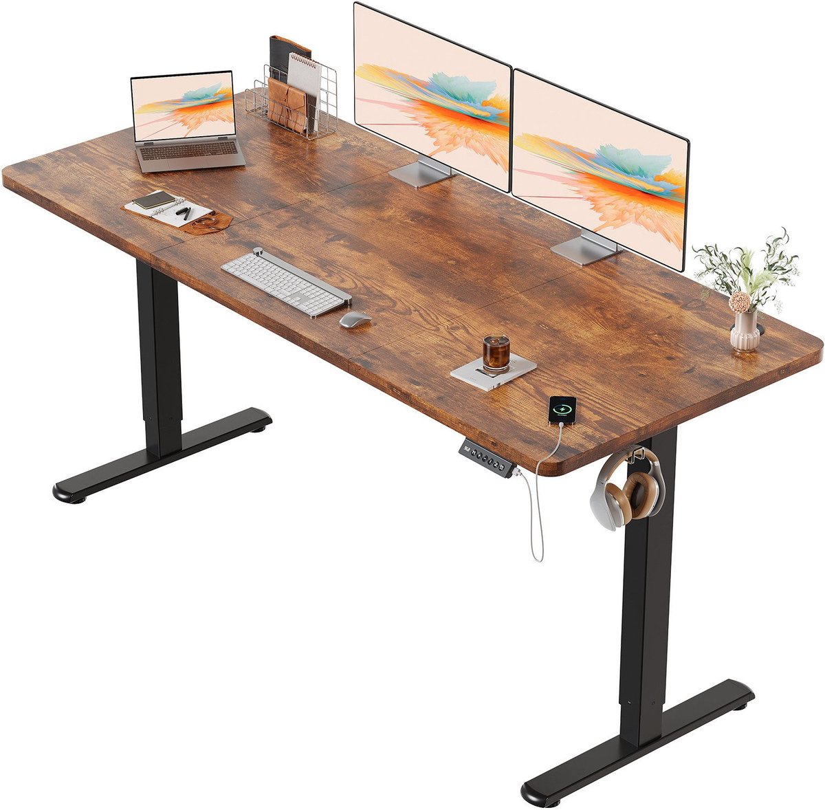 Devoko Elektrisch Verstelbaar Zit-Sta Bureau 160x70 cm Breed – Hoogte 73–118 cm – 2 Geheugenstanden, Zit-Herinnering, LED-Display en USB – Draagvermogen 70 kg – Vintagebruin