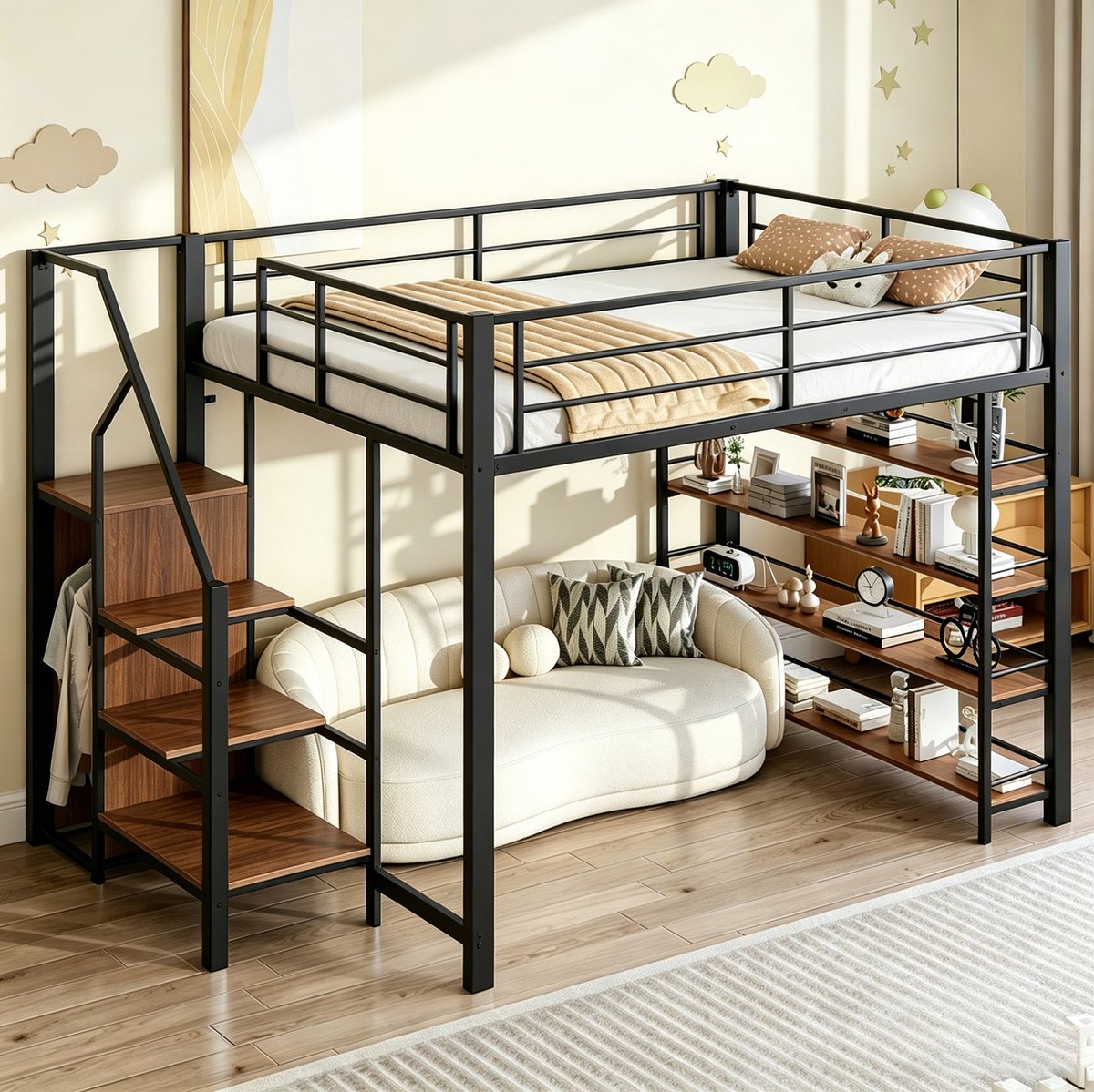 MODENUIT Hoogslaper – 140 x 200 cm – Met Opbergtrap – Metaal en MDF – Zwart – Met Kast en Planken – Met Hoge Rand