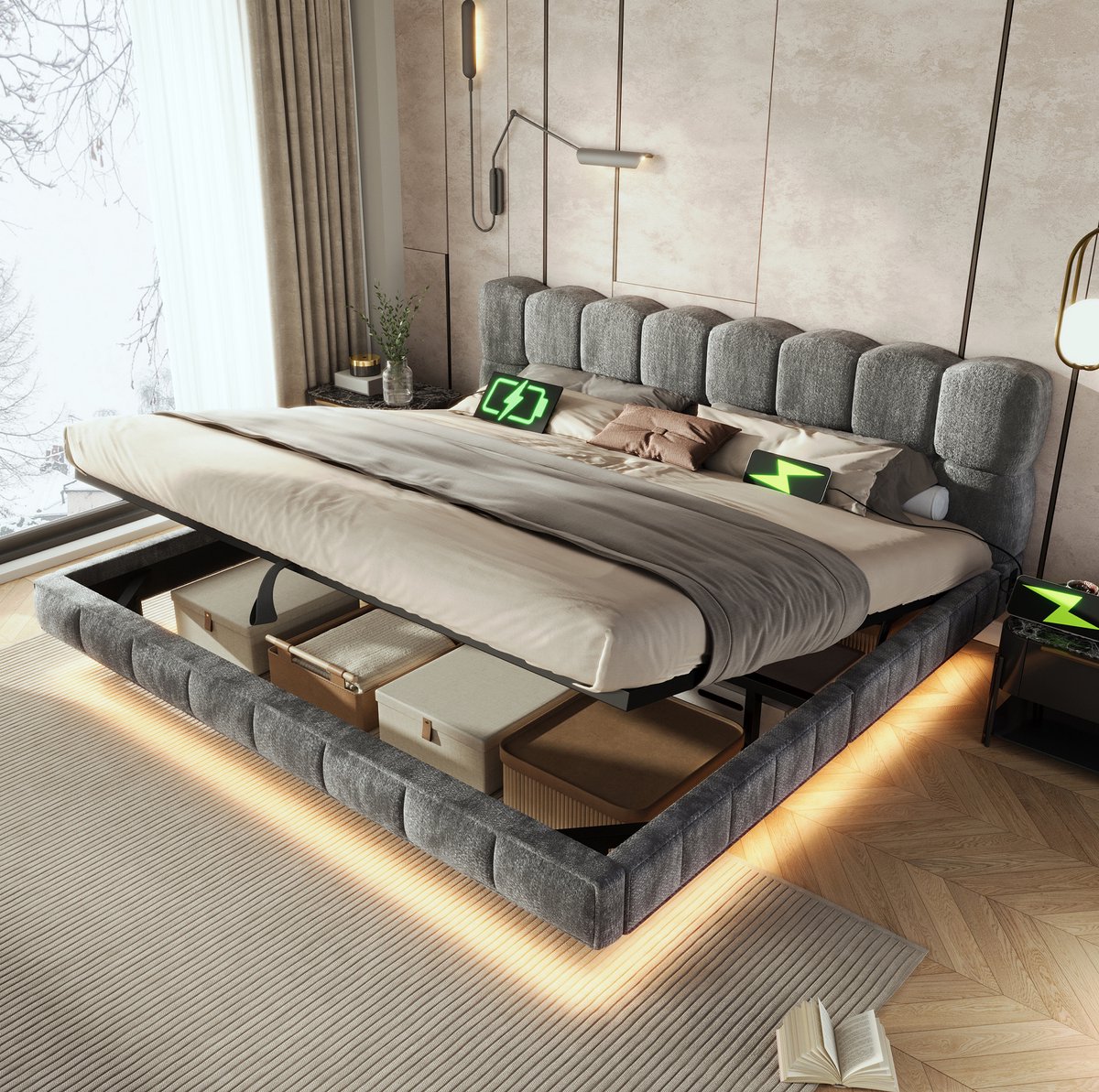 MODENUIT Bed Met Hydraulische Opbergruimte – 180 x 200 cm – Chenille, Hout En Metaal – Grijs – Ledverlichting En Laadpunten