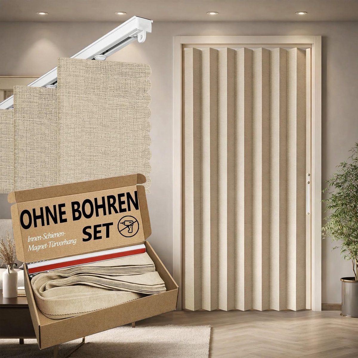 100% ondoorzichtig deurgordijn, vouwbare akordeon-stijl met magneetsluiting, kleefmontage zonder boren, incl. plakstrip, verduistering en windscherm, lichtgeel, H 201 x B 135 cm