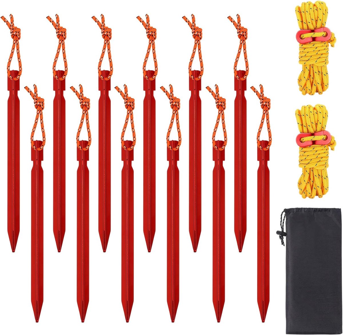Tentharingen van aluminiumlegering met trekkoord, haringen camping voor outdoor, camping, reizen, wandelen, strand, robuust (rood)