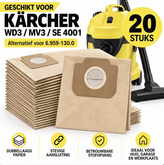 Stapel bruine stofzuigerzakken naast een gele Kärcher stofzuiger. "Geschikt voor Kärcher WD3 / MV3 / SE 4001"