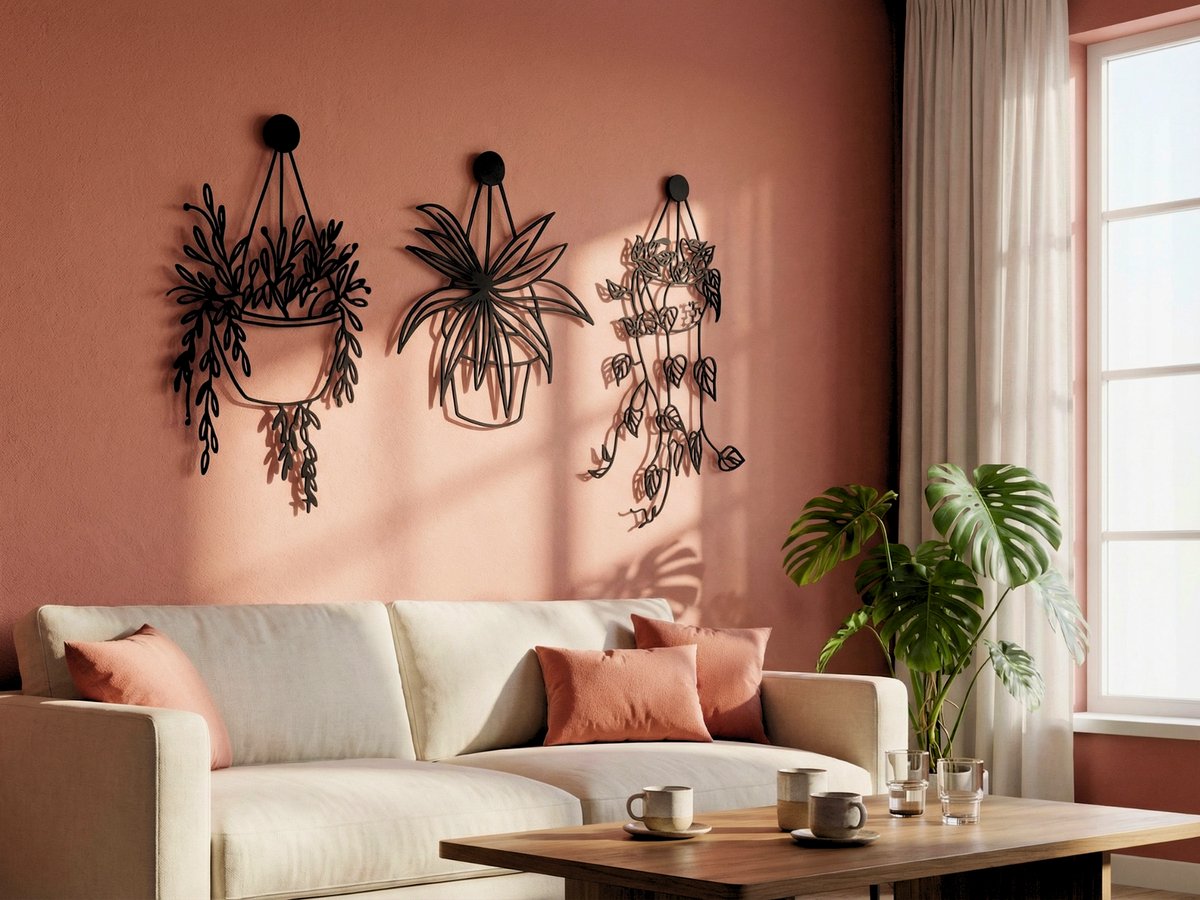 VAILLA Houten Wanddecoratie Bloemen in Pot 85x50cm - Zwart-Goud